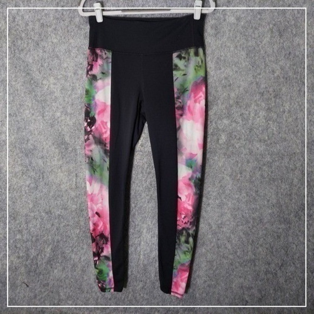 Athleta Leggings M Black Chaturanga Floral Drawstring Stretch Yoga Athleisure